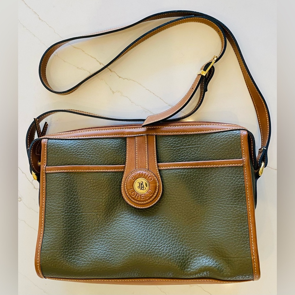 Vtg Bruno Lorelli shoulder bag green brown cognac leather. Gold hardware. Nice!
